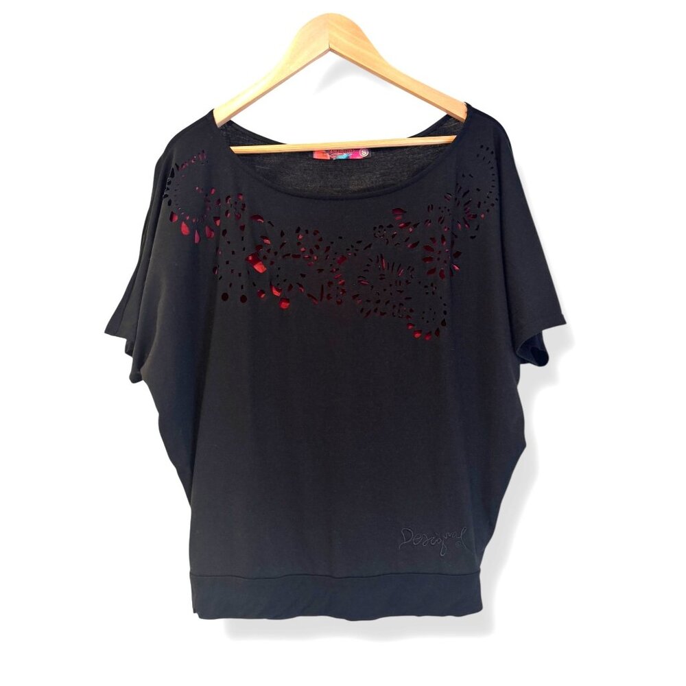 Desigual Black Laser Cut Fucshia Lining Wide Neck Dolman‎ Knit Top Shirt Size S